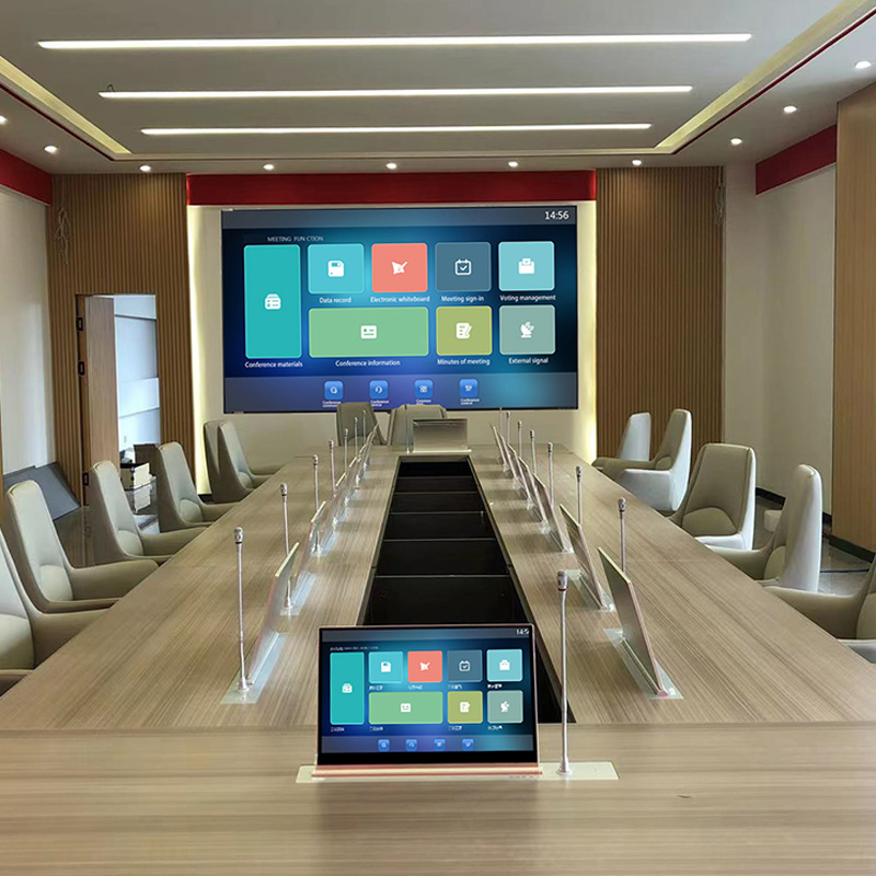 Sistema de conferência sem papel com monitor de mesa oculto